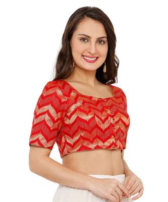 Women's Red Brocade Readymade Padded Saree Blouse 3