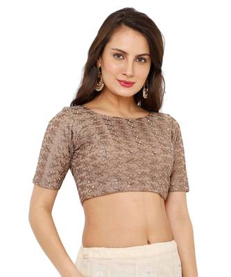 Women's Brown Net Readymade Padded Saree Blouse 3