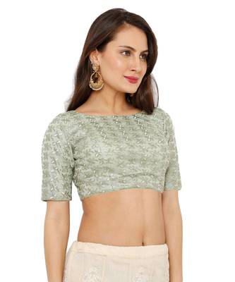 Women's Pista Green Net Readymade Padded Saree Blouse 3