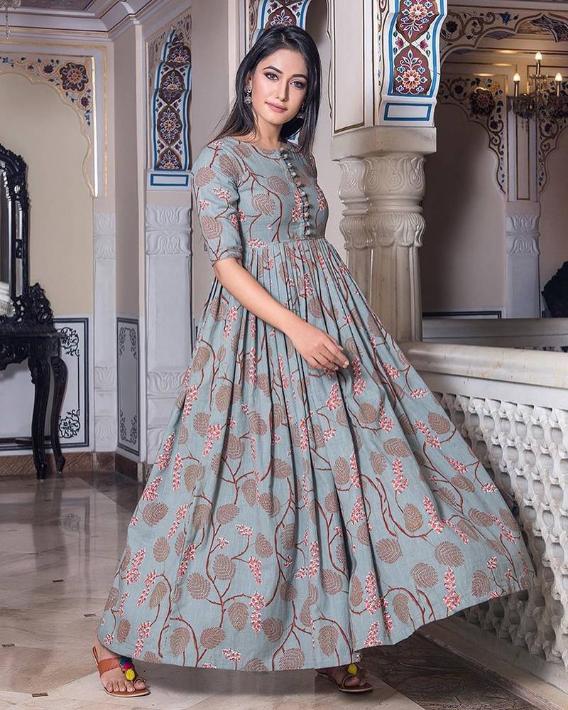 Light Steel Blue Pure Maslin Gown An Bazaar Pvt. Ltd. 3040131