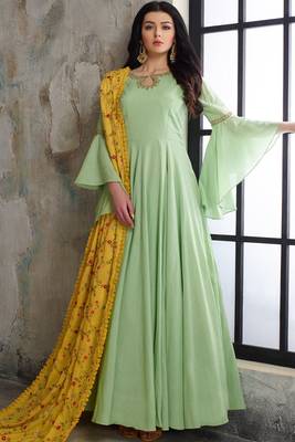 Designer Mint Green  Heavy Cotton Maslin Slub Handwork Partywear Suit 1