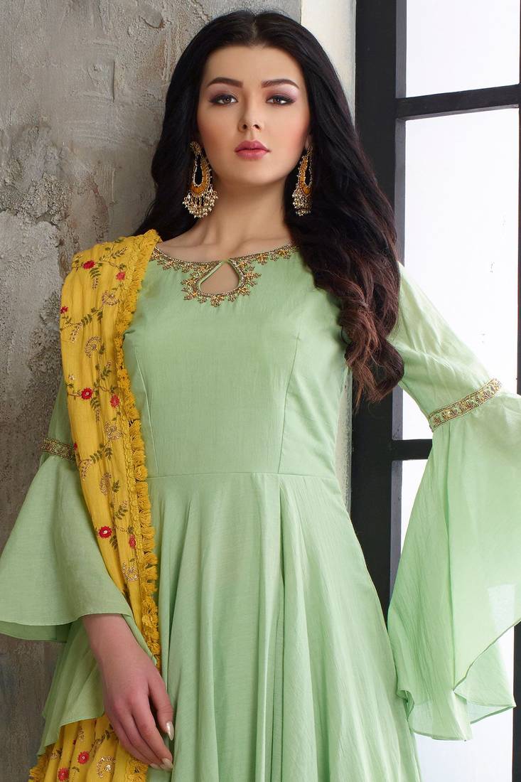 Designer Mint Green  Heavy Cotton Maslin Slub Handwork Partywear Suit