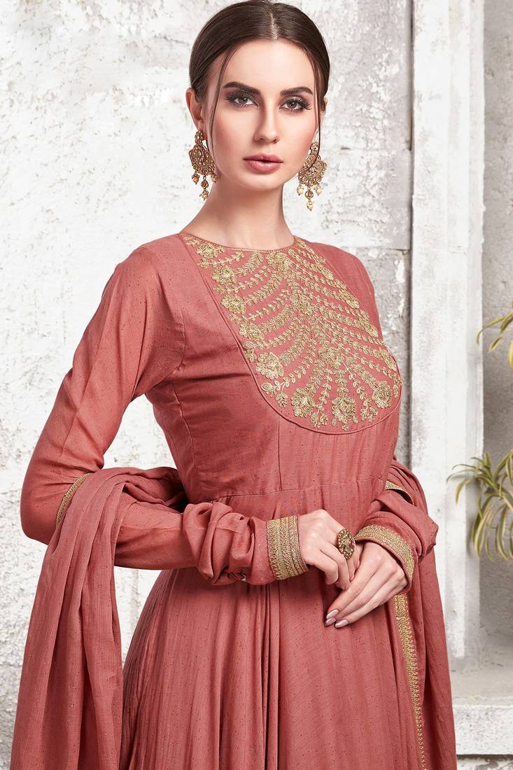 Partywear Designer Salmon Heavy Cotton Maslin  Partywear Suit