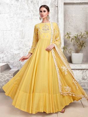 Partywear Designer Yellow Heavy Cotton Maslin  Partywear Suit 1