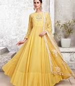 Partywear Designer Yellow Heavy Cotton Maslin  Partywear Suit