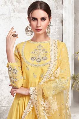 Partywear Designer Yellow Heavy Cotton Maslin  Partywear Suit 2