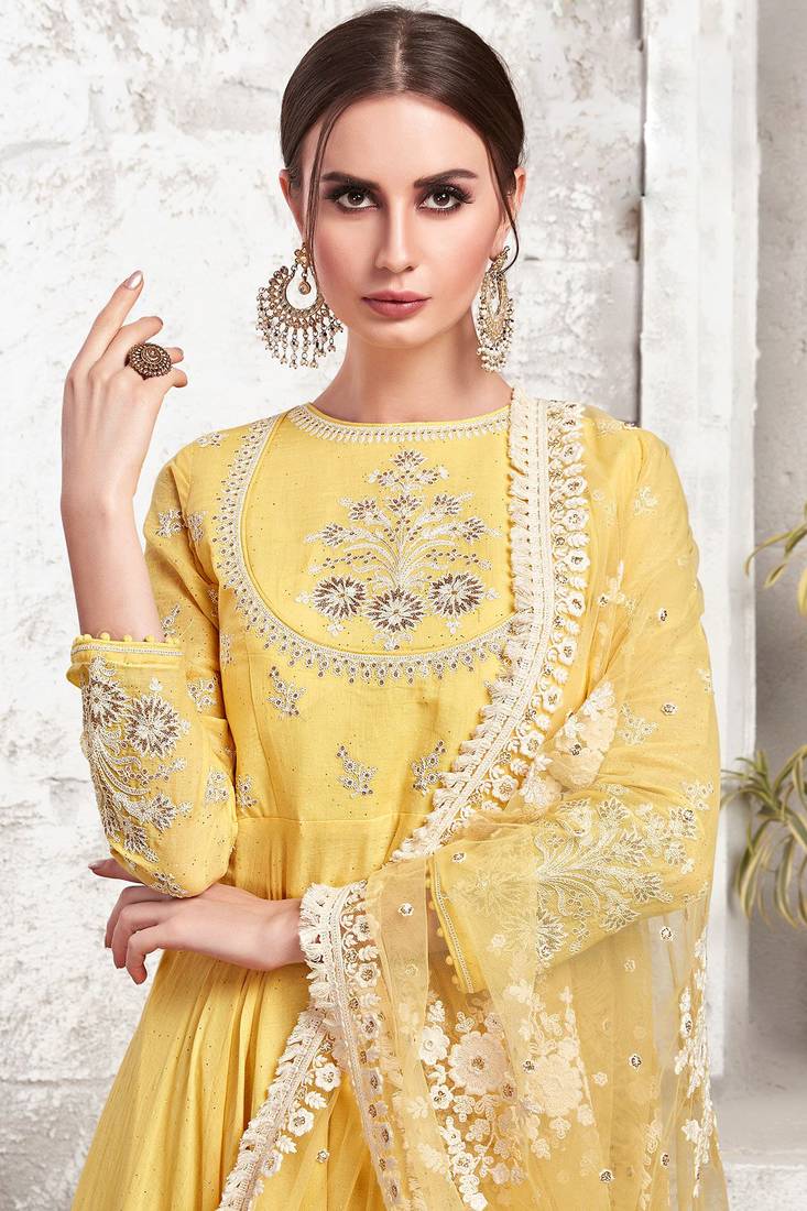 Partywear Designer Yellow Heavy Cotton Maslin  Partywear Suit