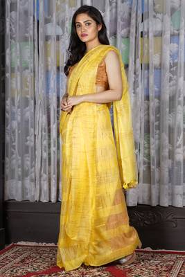 Yellow Jute Organza Saree With Weaving Design 3