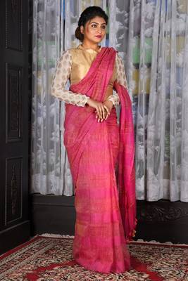Pink Jute Organza Saree With Weaving Design 1