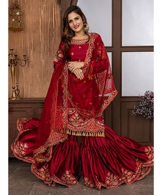Maroon Embroidered Satin Semi Stitched Salwar With Dupatta 1