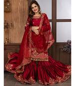 Maroon Embroidered Satin Semi Stitched Salwar With Dupatta