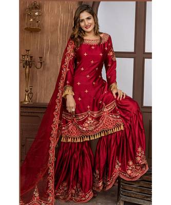 Maroon Embroidered Satin Semi Stitched Salwar With Dupatta 2