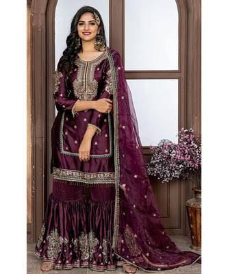 Purple Embroidered Satin Semi Stitched Salwar With Dupatta 1