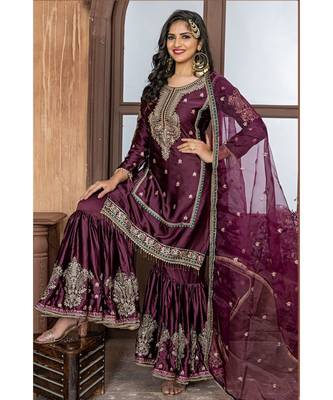 Purple Embroidered Satin Semi Stitched Salwar With Dupatta 2
