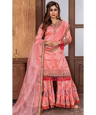 Pink Embroidered Organza Semi Stitched Salwar With Dupatta 1