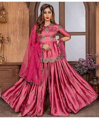 Pink Embroidered Satin Semi Stitched Salwar With Dupatta 1