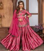 Pink Embroidered Satin Semi Stitched Salwar With Dupatta