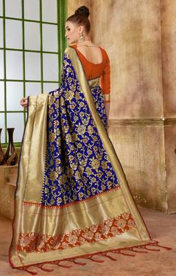 Blue Woven Banarasi Saree With Blouse 2