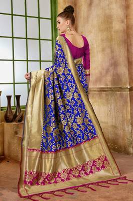 Blue Woven Banarasi Saree With Blouse 2
