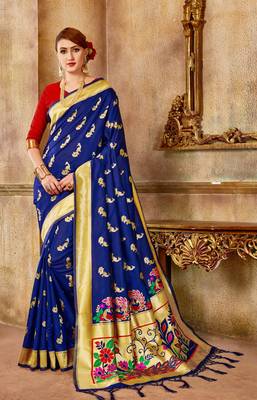 Blue Woven Silk Blend Saree With Blouse 1