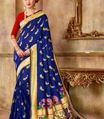 Blue Woven Silk Blend Saree With Blouse