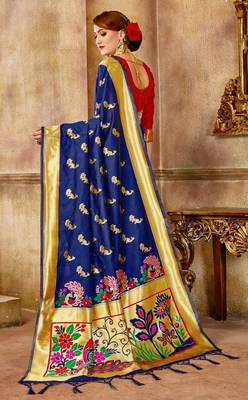 Blue Woven Silk Blend Saree With Blouse 2