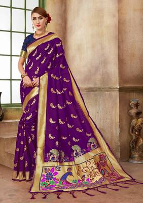 Purple Woven Silk Blend Saree With Blouse 1