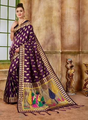 Purple Woven Silk Blend Saree With Blouse 1