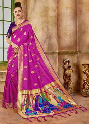 Pink Woven Silk Blend Saree With Blouse 1
