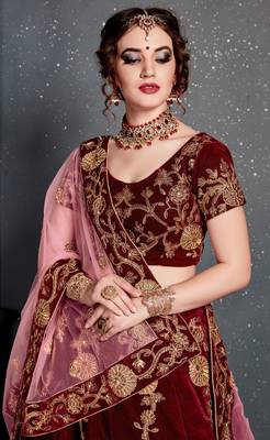 Maroon Dori, Zari And Sequins Embroidered Velvet Semi Stitched bridal lehenga Choli With Dupatta 4