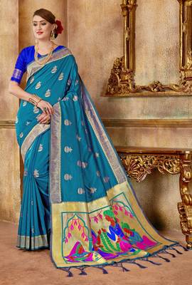 Turquoise Woven Silk Blend Saree With Blouse 1