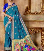 Turquoise Woven Silk Blend Saree With Blouse
