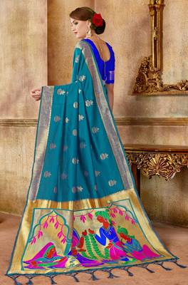 Turquoise Woven Silk Blend Saree With Blouse 2