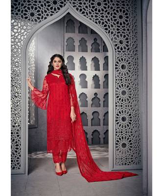 Red Embroidered Net Semi Stitched Salwar With Dupatta 1