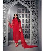 Red Embroidered Net Semi Stitched Salwar With Dupatta