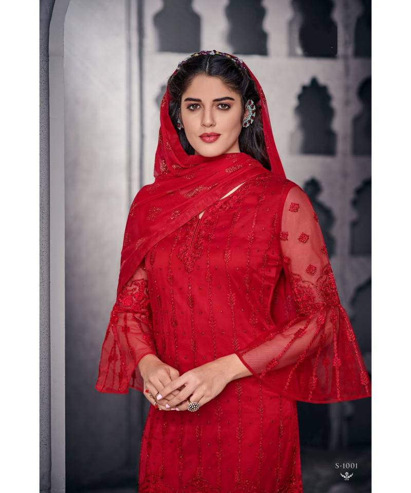 Red Embroidered Net Semi Stitched Salwar With Dupatta