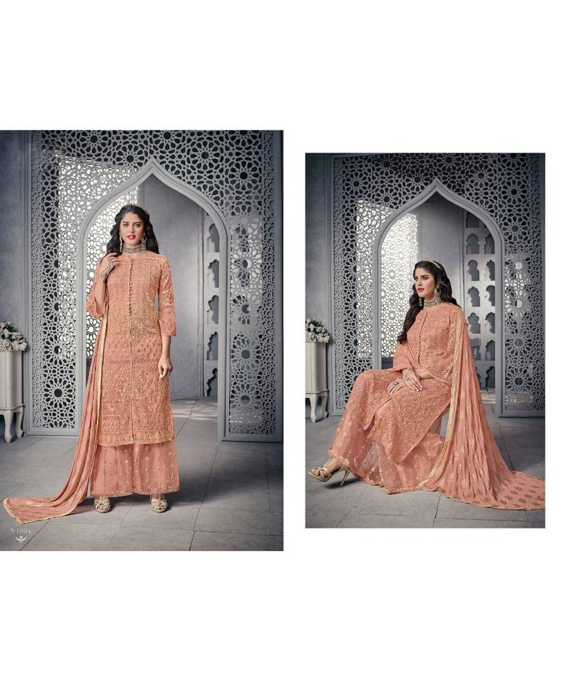 Peach Embroidered Net Semi Stitched Salwar With Dupatta