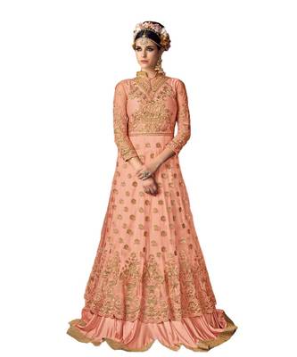 peach embroidered net semi stitched salwar with dupatta 1