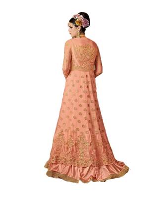 peach embroidered net semi stitched salwar with dupatta 2