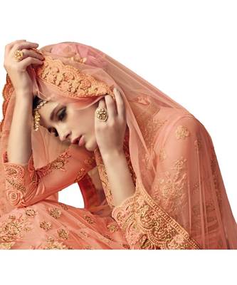 peach embroidered net semi stitched salwar with dupatta 3