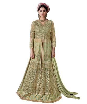 green embroidered net semi stitched salwar with dupatta 1