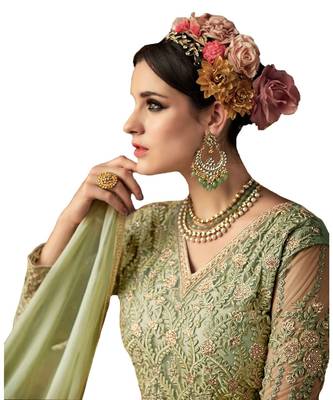 green embroidered net semi stitched salwar with dupatta 2
