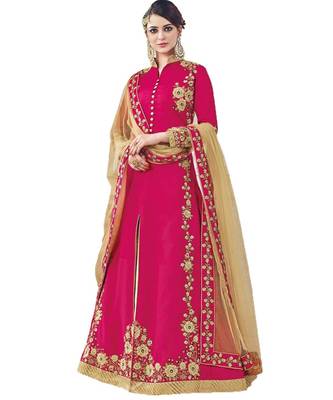 pink embroidered net semi stitched salwar with dupatta 1