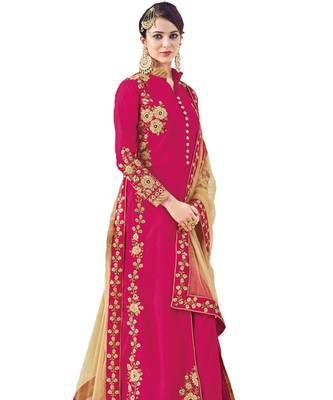 pink embroidered net semi stitched salwar with dupatta 2