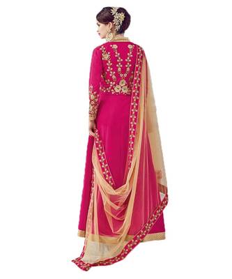 pink embroidered net semi stitched salwar with dupatta 3