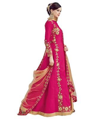 pink embroidered net semi stitched salwar with dupatta 4