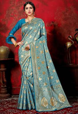 Turquoise Woven Banarasi Saree With Blouse 1