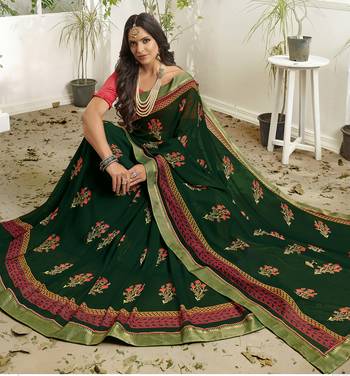 Green Printed Georgette Saree With Blouse 2