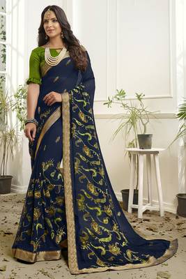 Blue Printed Georgette Saree With Blouse 1