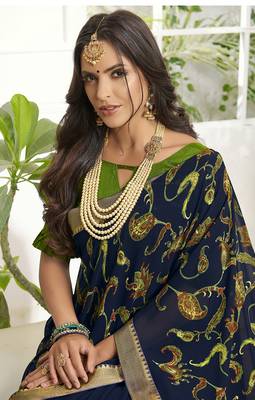Blue Printed Georgette Saree With Blouse 2
